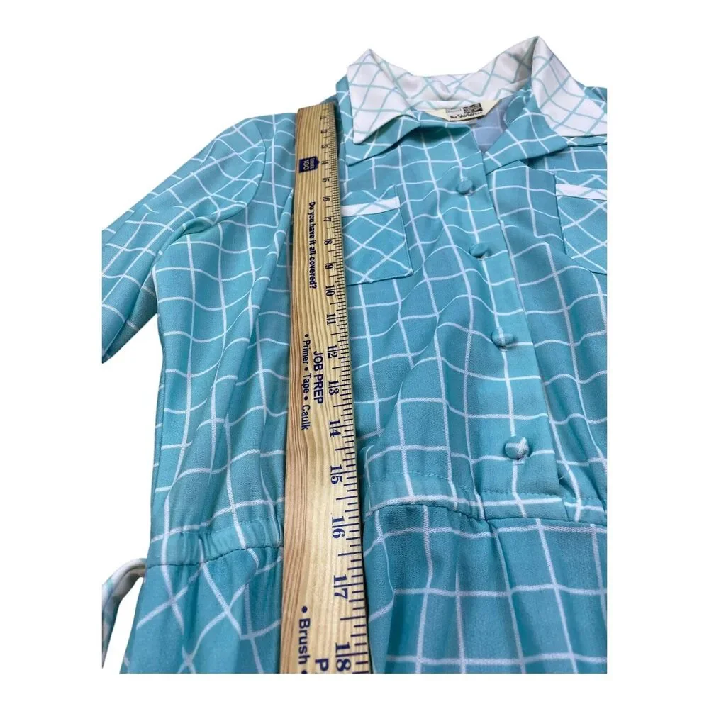 VTG 70s Sears ‘The‎ Shirtdress’ Baby Blue Checkered Plaid Long Sleeve Dress S-M - Picture 9 of 11
